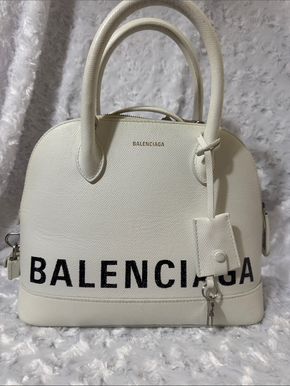 Balenciaga White Dome Satchel with Black Logo